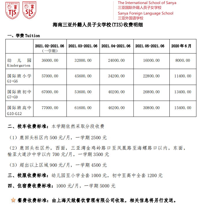 海南三亞外籍人員子女學(xué)校收費明細(xì)