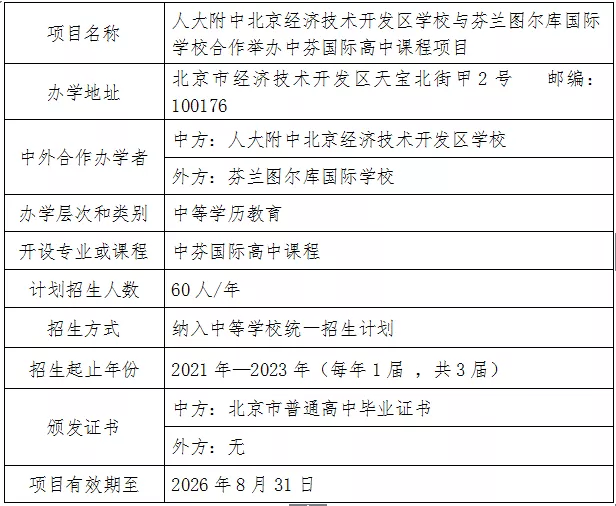 人大附中北京經(jīng)濟技術開發(fā)區(qū)學校與芬蘭圖爾庫國際學校合作舉辦中芬國際高中課程項目
